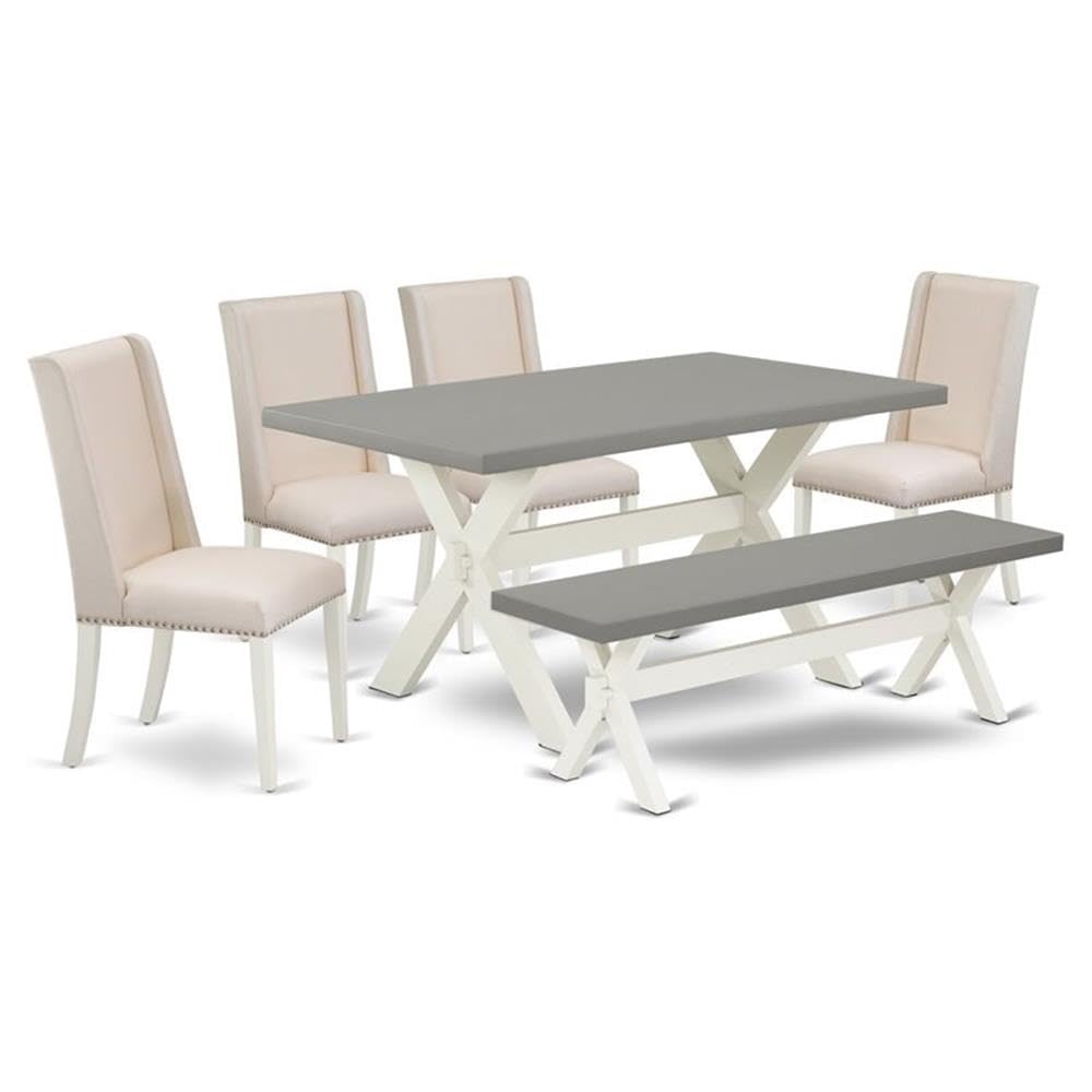 East West Furniture X096Fl201-6 6 Piece Dining Set Contains A Rectangle Dining Room Table With X-Legs And 4 Cream Linen Fabric Parson Chairs With A Bench, 36X60 Inch, Multi-Color